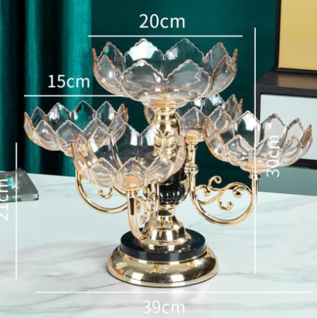Fixxora™ Home and Style Decorative 4-Bowl Rotating Fruit and Snack Server, Gold Base with Acrylic Bowls