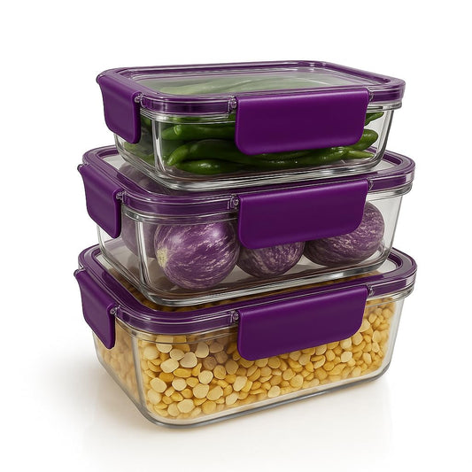 Fixxora™ Store & Lock Plastic Container Set | 3 Pcs Airtight Food Storage with Lids | 300ml, 800ml, 1200ml | BPA-Free, Leak-Proof, Freezer Safe, Kitchen & Pantry Organizer Box | Purple set