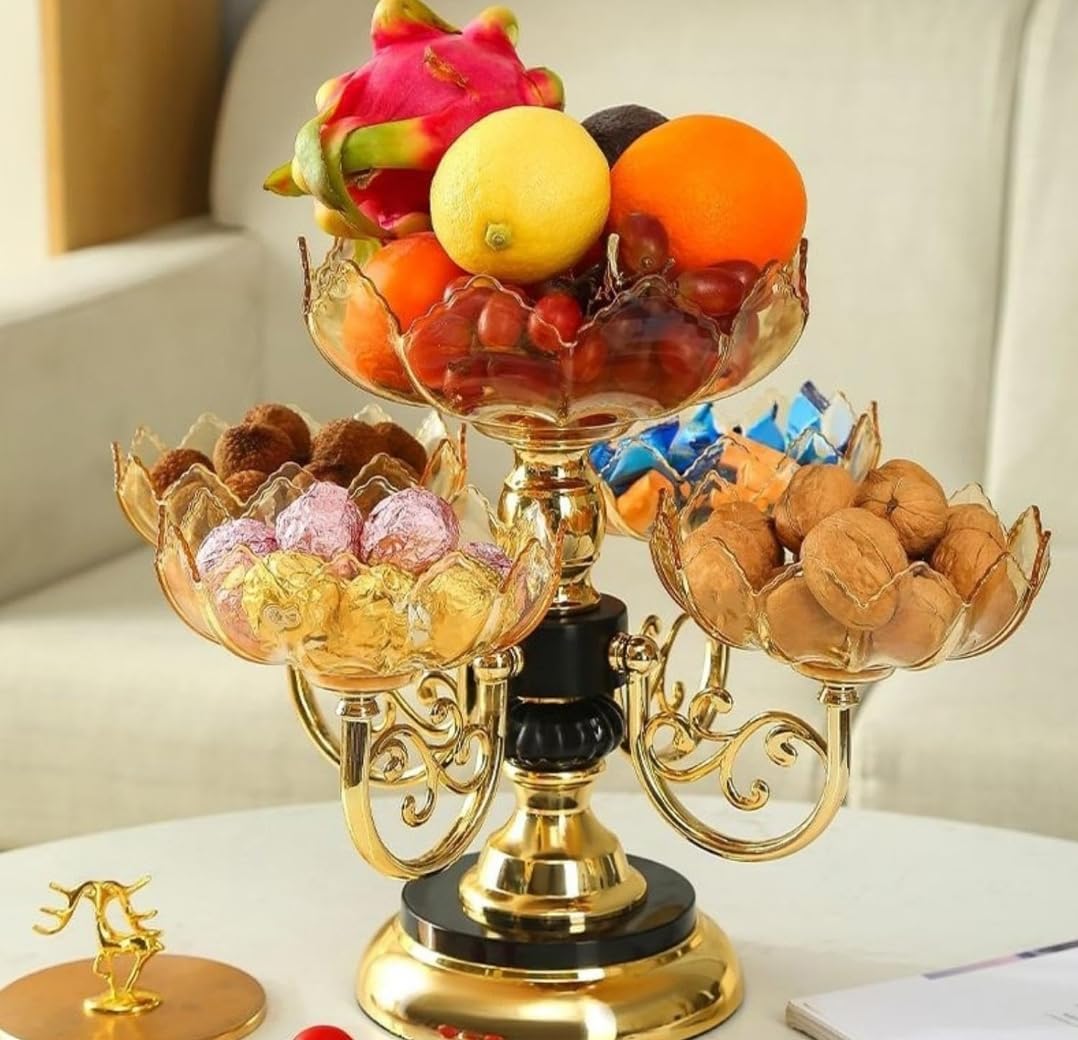 Fixxora™ Home and Style Decorative 4-Bowl Rotating Fruit and Snack Server, Gold Base with Acrylic Bowls