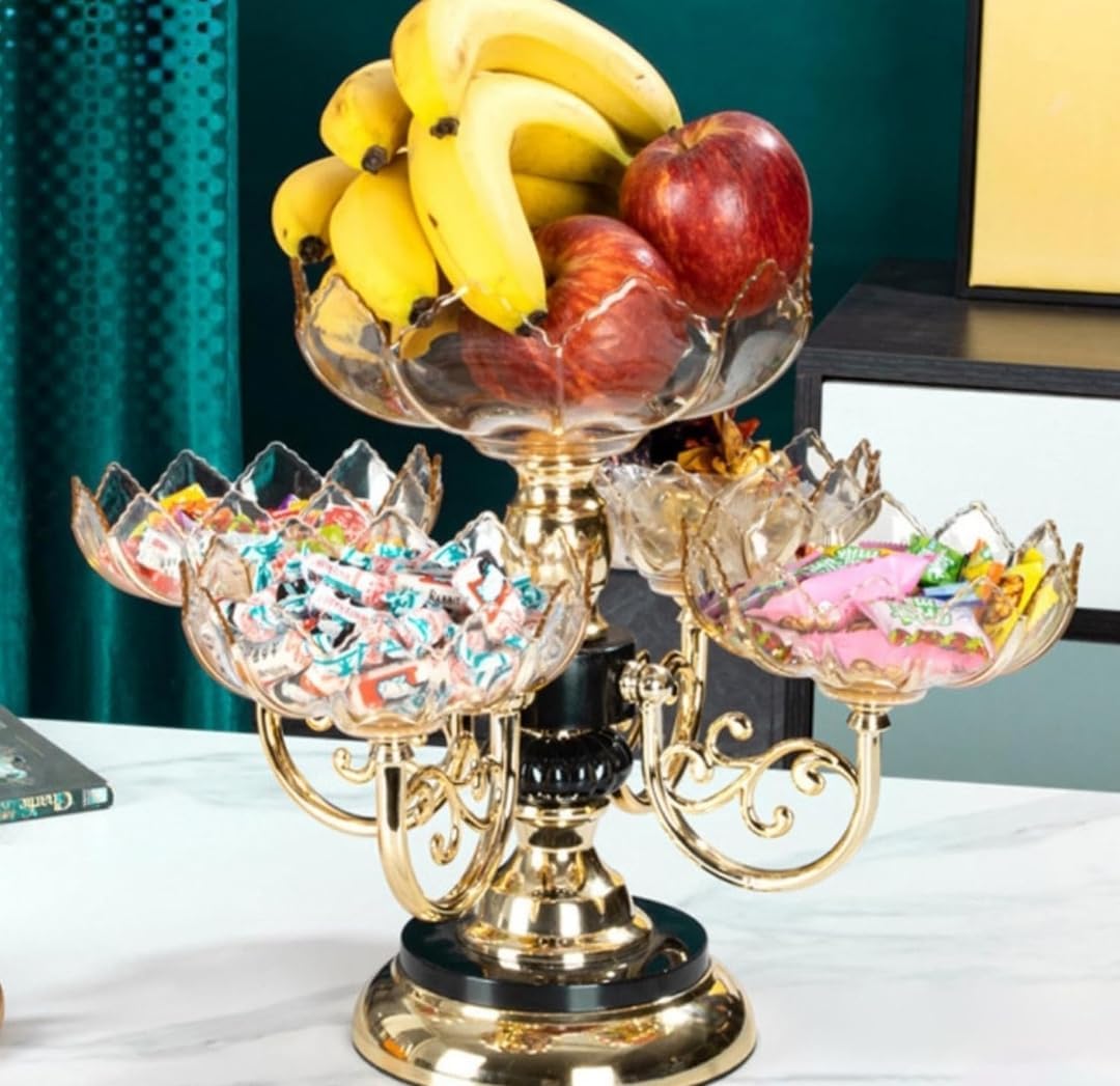 Fixxora™ Home and Style Decorative 4-Bowl Rotating Fruit and Snack Server, Gold Base with Acrylic Bowls