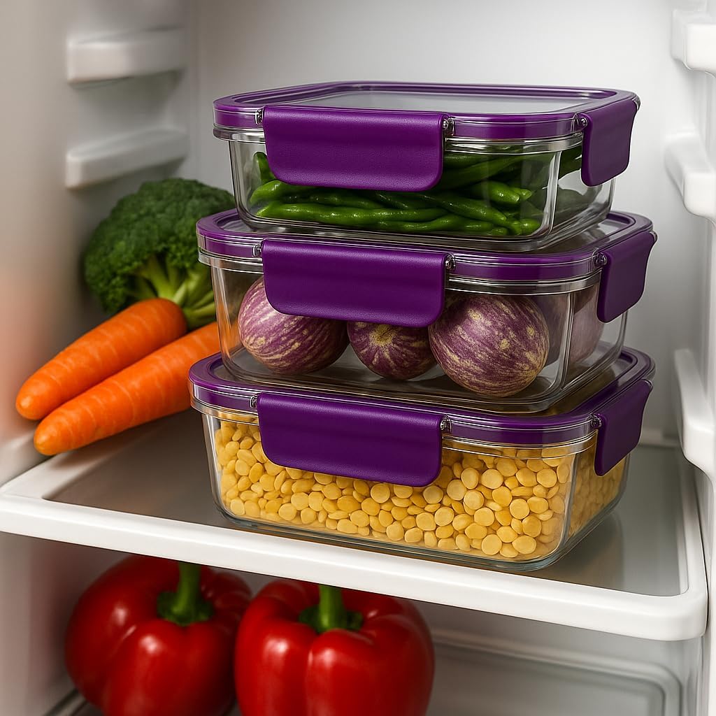 Fixxora™ Store & Lock Plastic Container Set | 3 Pcs Airtight Food Storage with Lids | 300ml, 800ml, 1200ml | BPA-Free, Leak-Proof, Freezer Safe, Kitchen & Pantry Organizer Box | Purple set