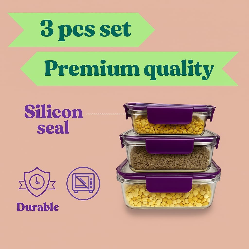 Fixxora™ Store & Lock Plastic Container Set | 3 Pcs Airtight Food Storage with Lids | 300ml, 800ml, 1200ml | BPA-Free, Leak-Proof, Freezer Safe, Kitchen & Pantry Organizer Box | Purple set