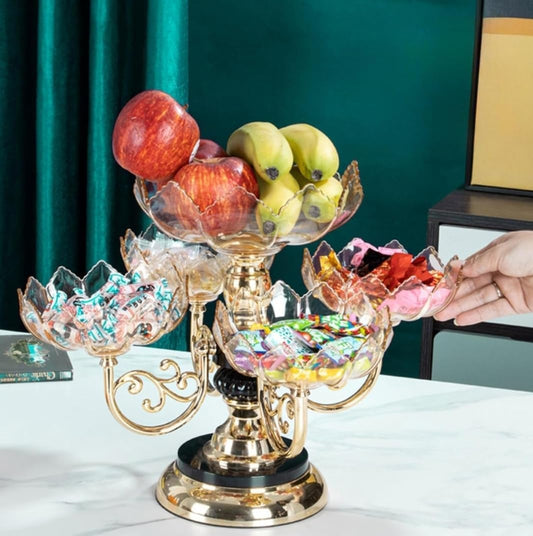 Fixxora™ Home and Style Decorative 4-Bowl Rotating Fruit and Snack Server, Gold Base with Acrylic Bowls