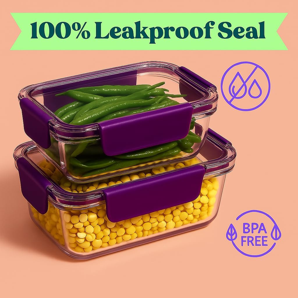 Fixxora™ Store & Lock Plastic Container Set | 3 Pcs Airtight Food Storage with Lids | 300ml, 800ml, 1200ml | BPA-Free, Leak-Proof, Freezer Safe, Kitchen & Pantry Organizer Box | Purple set