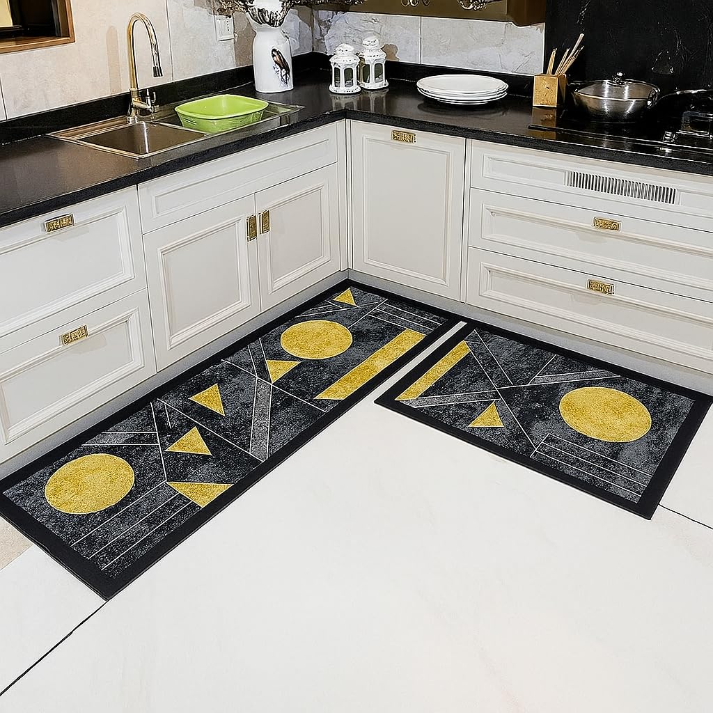 Fixxora™ 2 Pcs Kitchen Mats, Waterproof Memory Foam Kitchen Rugs, Standing Desk Mat Floor Mats, Comfort Runner Rug Carpets for Kitchen Floor, Sink (DeccoT)