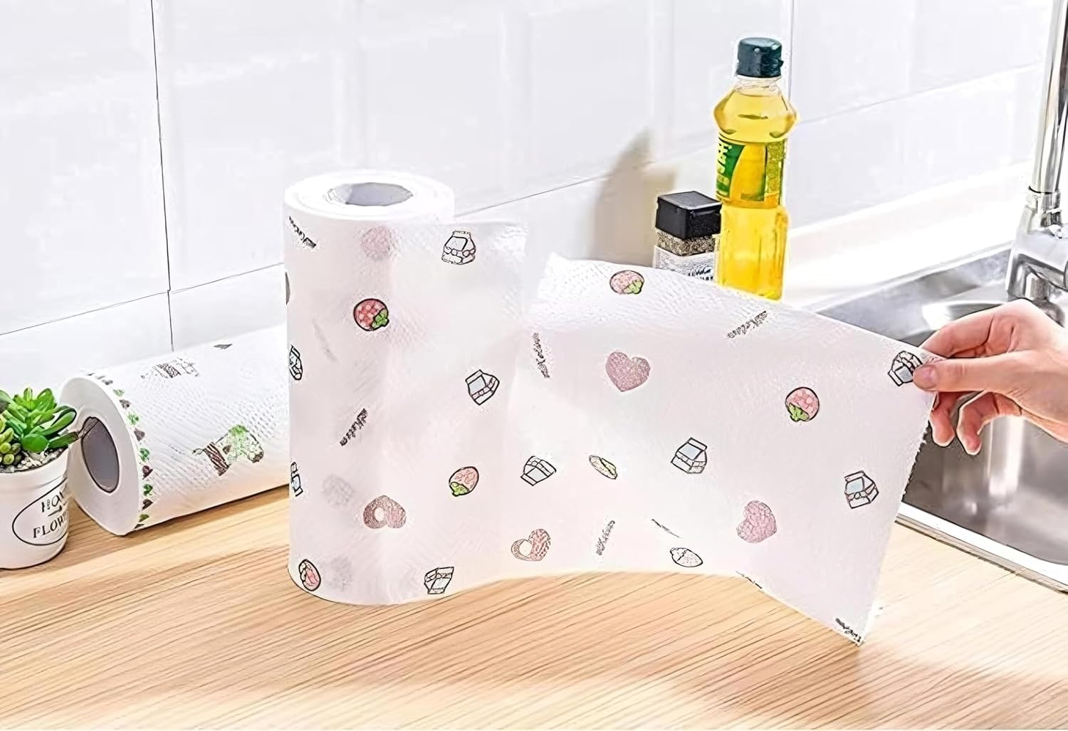 Fixxora™ Non Woven Reusable and Washable Printed Kitchen Roll Rag Non-stick Oil Absorbing Paper Roll Kitchen Tissue Special Paper Towel Wipe Paper Dish Cloth Cleaning Cloth pack of 1