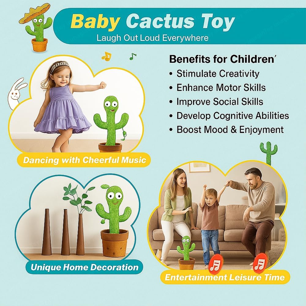 Fixxora™ Rechargeable Talking Cactus Toy for Kids - Musical Dancing, Speaking Cactus Toy for Babies – Educational Talking Toy for Baby Boys & Girls (0-3 Years) – Speaking, Repeating for Toddlers