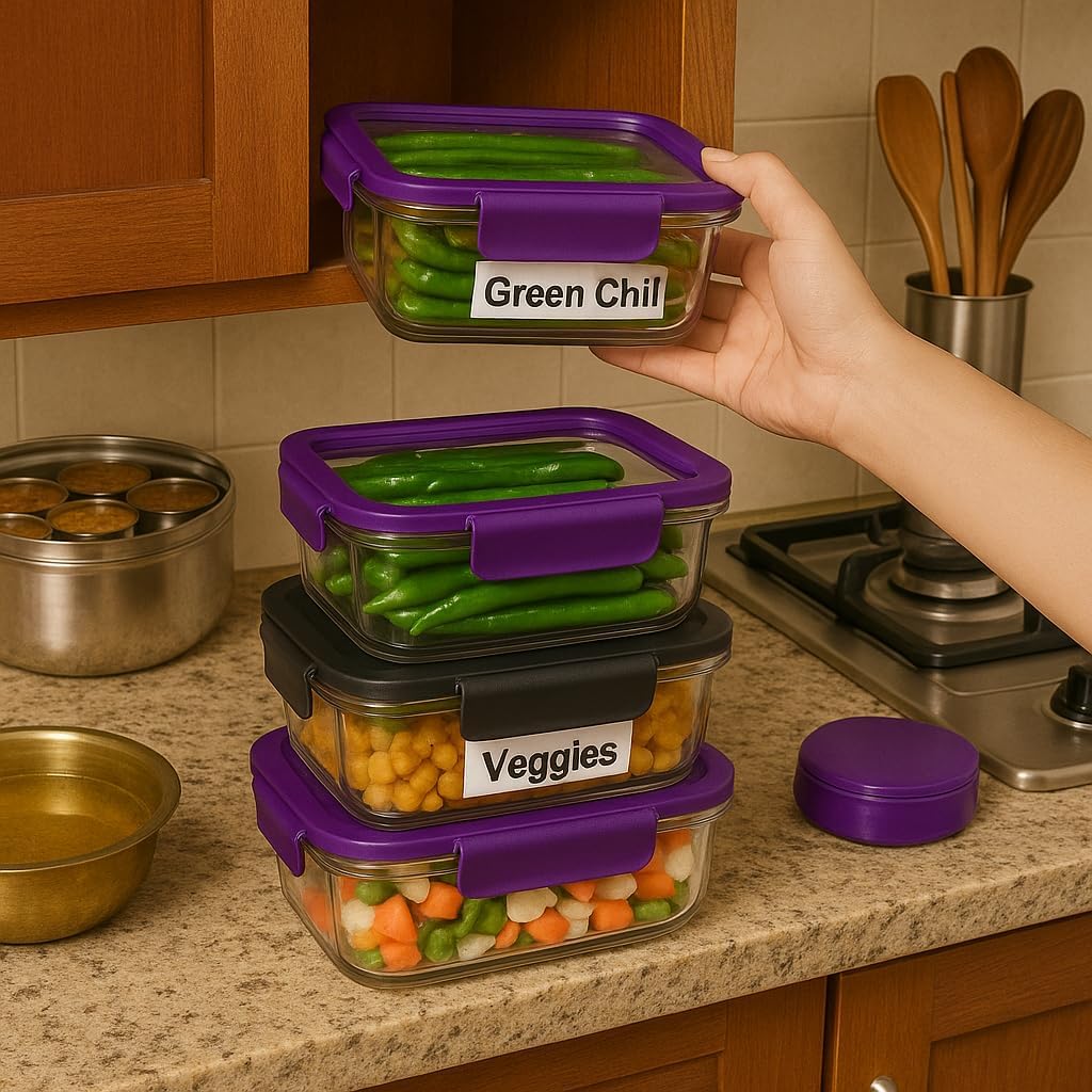 Fixxora™ Store & Lock Plastic Container Set | 3 Pcs Airtight Food Storage with Lids | 300ml, 800ml, 1200ml | BPA-Free, Leak-Proof, Freezer Safe, Kitchen & Pantry Organizer Box | Purple set