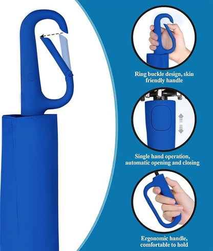 Fixxora UV Umbrella with Novelty Carabiner Handle, Travel Umbrellas for Rain and Sun Windproof Compact, Automatic Open Close, 8 Ribs, Portable Umbrella for Men and Women