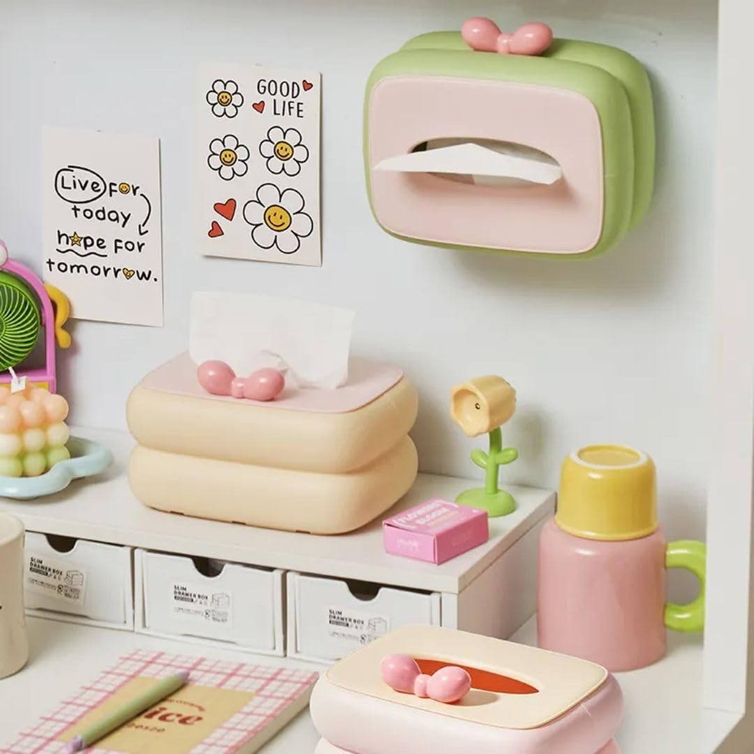 Fixxora™ Cute Tissue Box Cover with Bow Design, Pastel Colours, Decorative Bathroom Storage Container Pack of 1