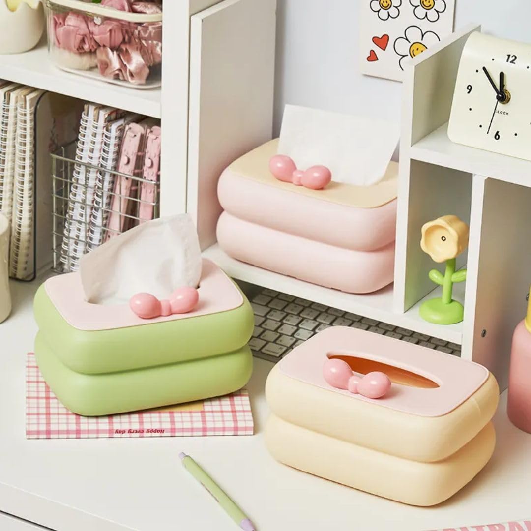 Fixxora™ Cute Tissue Box Cover with Bow Design, Pastel Colours, Decorative Bathroom Storage Container Pack of 1