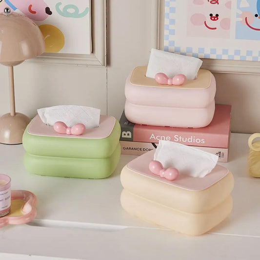 Fixxora™ Cute Tissue Box Cover with Bow Design, Pastel Colours, Decorative Bathroom Storage Container Pack of 1
