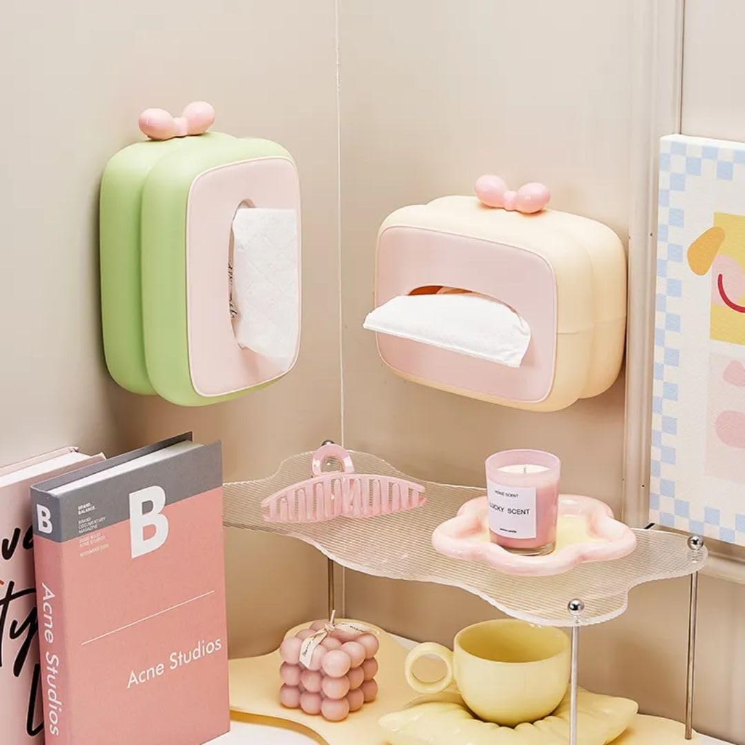 Fixxora™ Cute Tissue Box Cover with Bow Design, Pastel Colours, Decorative Bathroom Storage Container Pack of 1