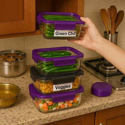 Fixxora™ Store & Lock Plastic Container Set | 3 Pcs Airtight Food Storage with Lids | 300ml, 800ml, 1200ml | BPA-Free, Leak-Proof, Freezer Safe, Kitchen & Pantry Organizer Box | Purple set